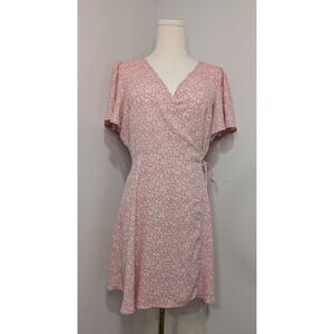Pink Floral Wrap Dress Flutter Sleeve Midi Casual Boho Vacation
